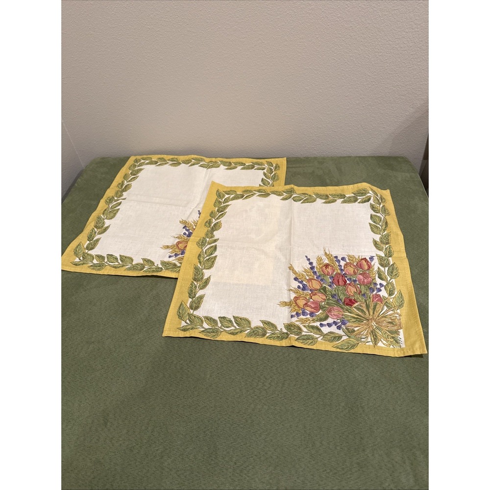 French Provencal Cotton Set‎ of 2 Napkins Bouquet 16" Square  - Unmarked